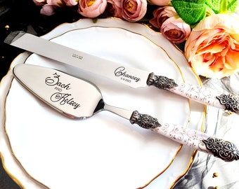 Elegant Engraved Wedding Cake Knife & Server Set Personalized Gift with White Ricamo Pearl Handle and Metal Rings with Antique Effect