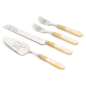 Ivory Wedding Cake Server Knife Forks Cake Serving Cutting Set Bride and Groom Wedding Gift Ivory Pearl Color Handle and Gold Plated Ring