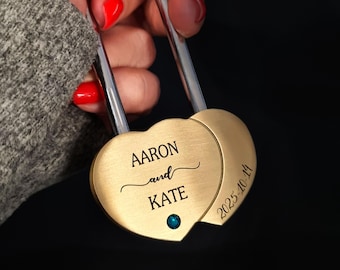 Engraved Brass Heart Love Lock Personalized Wedding-Ceremony-Padlock with Crystal Save the Date Gift for Couple
