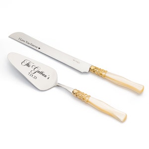 Wedding Ivory Cake Cutting Set Unique Server and Knife Set Ivory Pearl Handle Gold Plated Handle Ring Bridal Shower Wedding Gift