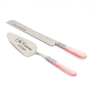 Pink Cake Cutting Set for Wedding Bridal Shower Gift Personalized Cutter Serving Knife Set Pink Handle Polished Metal Ring