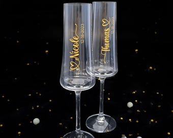 Personalized Gold Engraved Crystal Champagne Flutes, Custom Wedding Toasting Set with Box