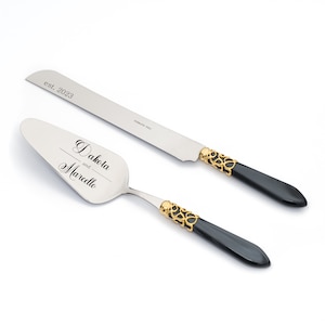Personalisierte Hochzeitstorte Cutter Set Messer und Heber Schneiden Servierset Schwarze Perle Griff Vergoldetes Metall Ring Brautgeschenk
