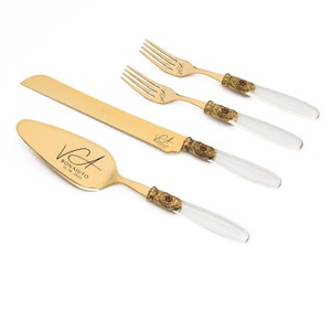 Personalized Gold Wedding Cake Cutting Set, Engraved Monogram Red Crystal Knife & Server, Bridal Shower Gift, Anniversary Gift