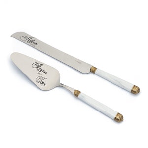 Wedding Gift Cake Cutting Set Knife and Server Cake Serving Cutter Set White Handle Antique Gold Plated Ring Bridal Shower Gift