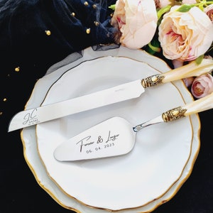 Elegant Wedding Knife and Server Cake Cutting Set Unique Wedding Cutter Serving Set Ivory Pearl Handle & Gold Plated Metal Ring Wedding Gift