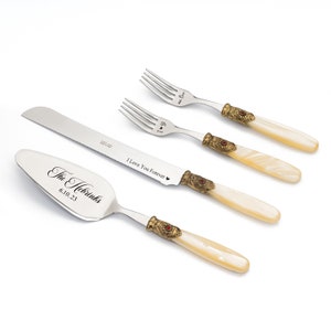 Personalized Wedding Engraved Cake Server Knife Forks Set with Ivory Handle and Antique Gold Washed Metal Ring with Red Stone Decoration