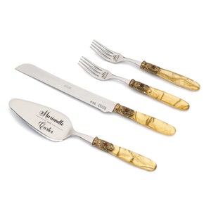 Personalized Wedding Cake Cutting Set Knife Server Forks with Gold Fabric Effect Handle and Antique Gold Washed Metal Ring with Red Stone