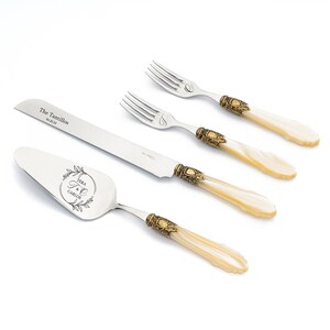 Wedding Forks Server and Knife Cake Cutting Set Unique Cutter Serving Set Ivory Pearl Handle Gold Plated Metal Ring Wedding Gift