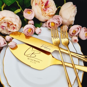 Custom Gold Wedding Cake Cutting Set: Personalized Knife, Server & Forks, Keepsake Gift For Bride