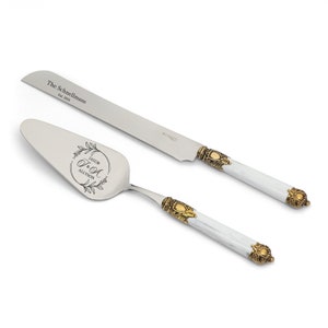 Cake Serving Cutting Cutter Set for Wedding Cake Knife and Server White Handle Antique Style Gold Plated Rings Wedding Gift