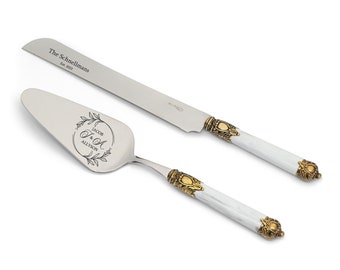 Ensemble de couteaux pour gâteau de mariage de style ancien, 2 pièces, manche blanc, accent doré