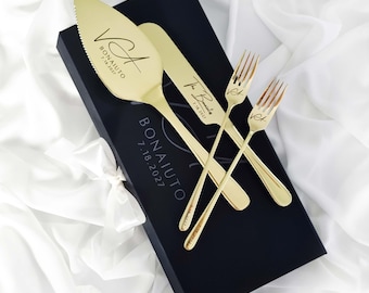 Wedding Champagne Cake Cutting Set Gift Server Knife and Forks, Engraved Cake Cutter Serving Set With Box for Bridal Shower