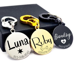 Engraved Dog Tag for Dogs - Personalized Pet ID Tag, Custom Dog Name Tag, Stainless Steel, Gold Black Dog Collar Tag