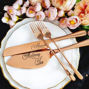 Engraved Rose Gold Wedding Cake Cutting Set: Personalized Knife, Server & Forks, Keepsake Gift Box