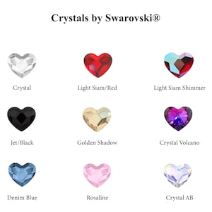 Selection chart for genuine Swarovski® heart crystals colors for personalized wedding sets. Grid of faceted birthstone-colored hearts for custom engraving selection, ensuring light-reflecting brilliance for reception ceremony photography.
