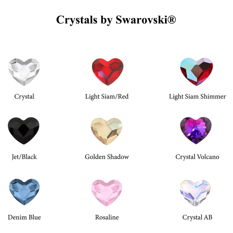 Selection chart for genuine Swarovski® heart crystals colors for personalized wedding sets. Grid of faceted birthstone-colored hearts for custom engraving selection, ensuring light-reflecting brilliance for reception ceremony photography.
