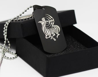 Gepersonaliseerde dierenriem ketting voor mannen, gegraveerde roestvrij stalen hanger dogtag zwart, cadeau voor hem