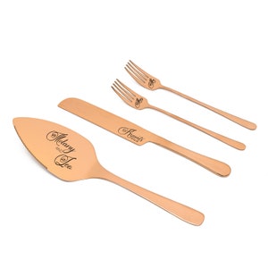 Gold Cake Cutting Set for Weddings Server Knife and Forks, Engraved Cake Cutter Serving Set for Bridal Shower Wedding + Carton or Wooden Gift Box