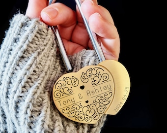 Two Hearts Engraved Padlock Custom Love Lock Personalized Gift for Couples, Save the Date Wedding Gift