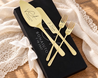 Bridal Shower Gift Personalized Engraved Champagne Gold Cake Cutting Set with Forks Wedding Keepsake