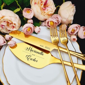 Personalized Gold Cake Cutter Set: Server Knife & Forks, Engraved Wedding Keepsake