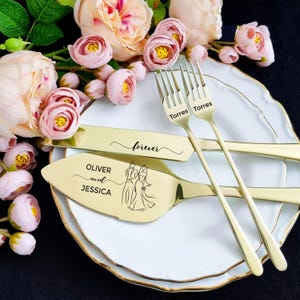 Engraved Champagne Gold Cake Cutting Set: Knife Server & Forks, Personalized Wedding Keepsake Gift Box