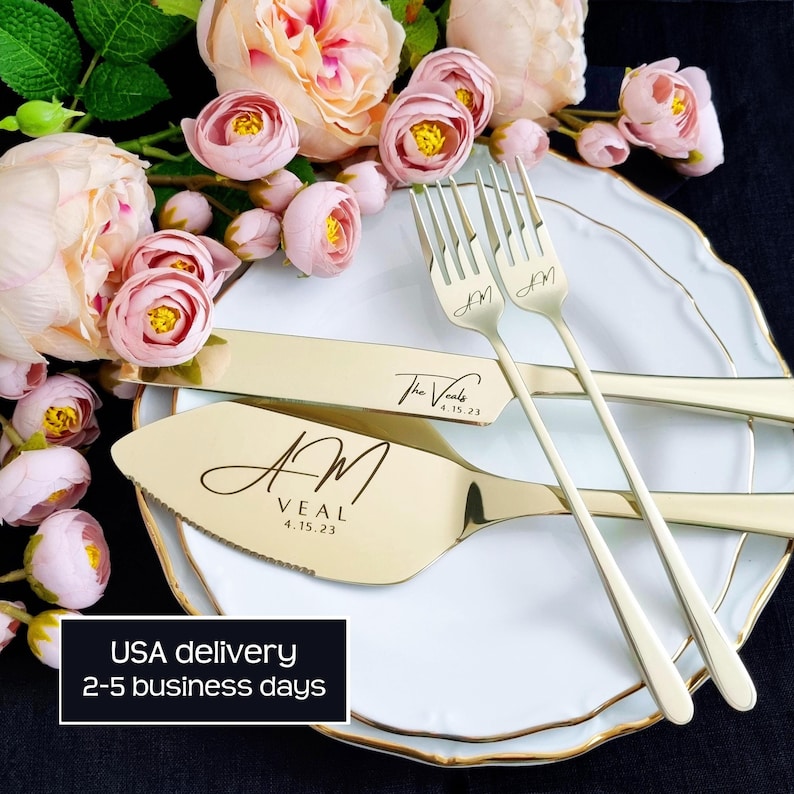 Wedding Champagne Cake Cutting Set Gift Server Knife and Forks, Engraved Cake Cutter Serving Set for Bridal Shower