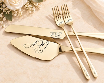 Personalized Champagne Gold Wedding-Cake Cutting Set, Engraved Knife, Server and Forks, Modern-Monogram, Bridal-Shower & Anniversary-Gift