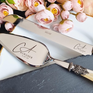 Vintage Style Wedding Cake Cutting Gift Set - Personalized Knife and Server with Champagne Pearl Handle - Classic Old Style Silver Rings