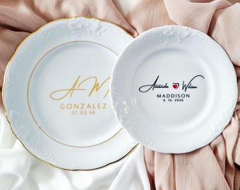 Personalized Wedding Plate, Engraved Porcelain Cake Cutting Plate, Custom Names Date, Gold Rim or Swarovski Crystal, Gift for Couple