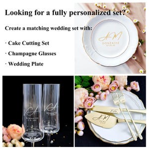 Personalized matching wedding set with engraved gold cake cutting set, custom champagne glasses and monogram wedding plate, shown as a complete coordinated bridal keepsake set.
