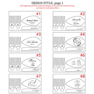 Personalized wedding cake serving set design styles page 1. Engraving templates 1 to 8 feature modern script names, botanical wreaths, and minimalist line art of a bride and groom for custom laser-etched knife, server, and dessert fork sets.