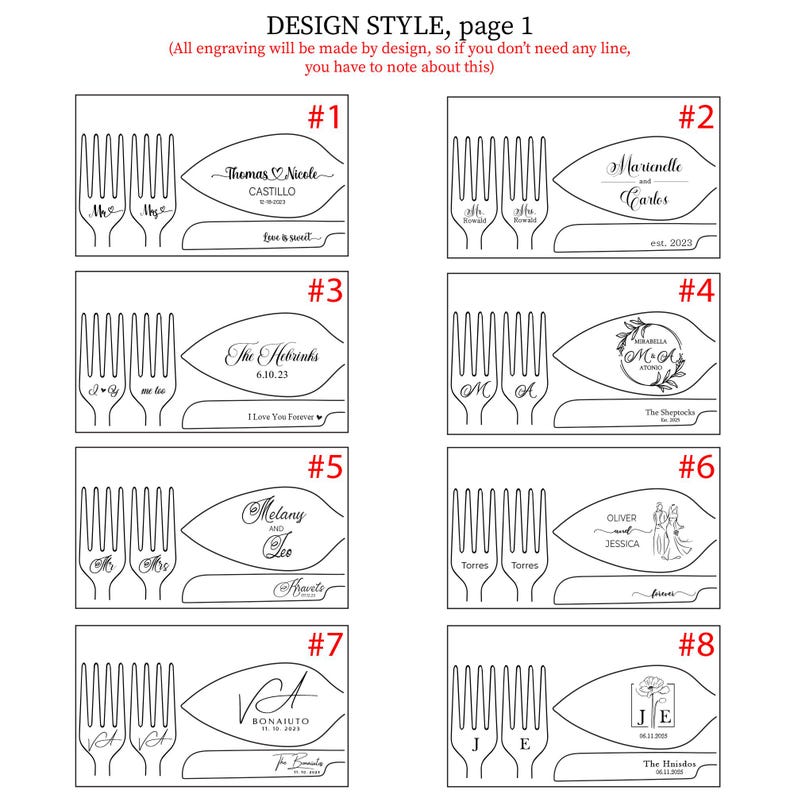 Personalized wedding cake serving set design styles page 1. Engraving templates 1 to 8 feature modern script names, botanical wreaths, and minimalist line art of a bride and groom for custom laser-etched knife, server, and dessert fork sets.