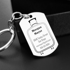Gegraveerd bagagelabel met kofferpictogram – aangepast roestvrijstalen reis-ID-tag met naam en adres, gepersonaliseerd cadeau voor reizigers