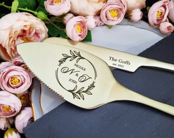 Wedding Gift Cake Cutting Set Server and Knife, Champagne Engraved Cake Cutter Serving Set for Bridal Shower Wedding Gift