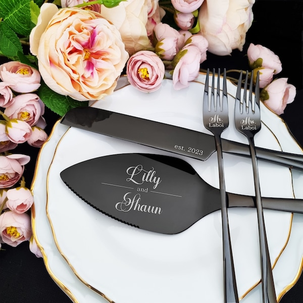 Black Wedding Cake Cutting Set Server Knife and Forks, Engraved Cake Cutter Serving Set for Bridal Shower Wedding Gift Wood Box