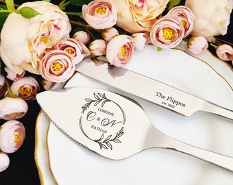 Set da taglio torta personalizzato per matrimoni Server e coltello in argento, set da portata con taglierino per torta inciso per regalo di nozze per addio al nubilato