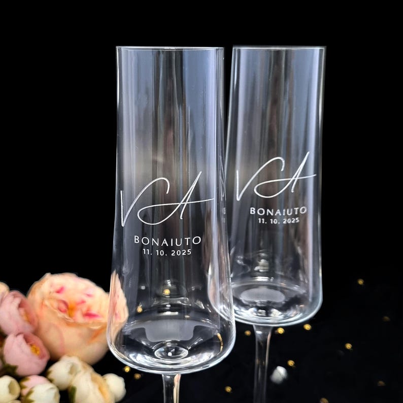 Engraved Crystal Champagne Flutes: Wedding Gift Toasting Glasses, Mr and Mrs Set with Box