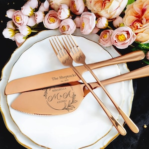 Rose Gold Wedding Cake Cutting Set: Personalized Knife, Server & Forks, Engraved Bridal Keepsake