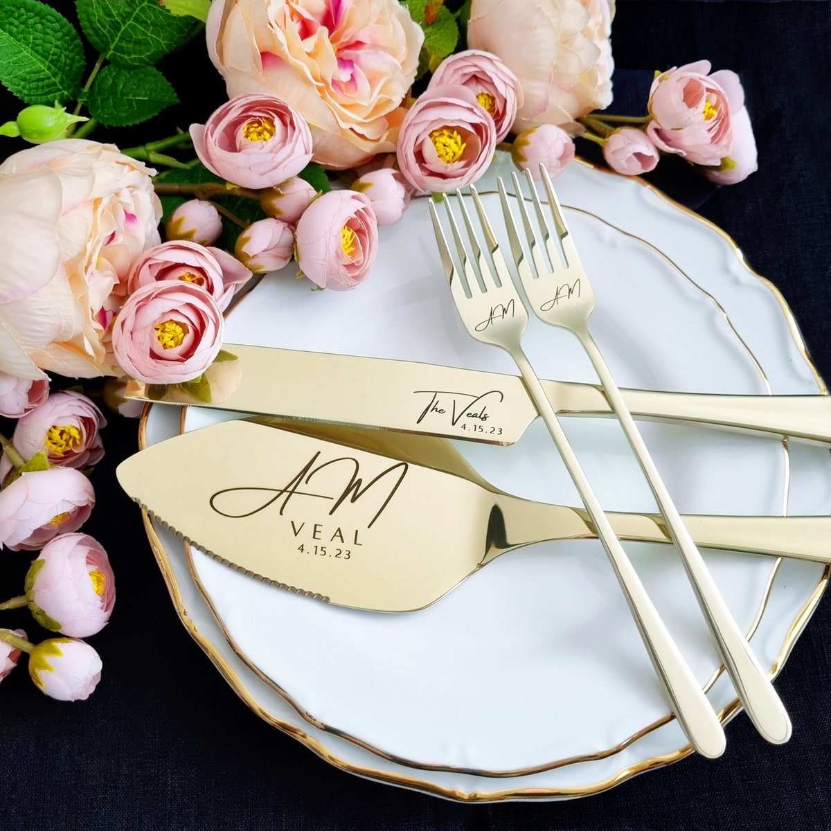 Wedding Champagne Cake Cutting Set Gift Server Knife and Forks, Engraved Cake Cutter Serving Set for Bridal Shower - Etsy