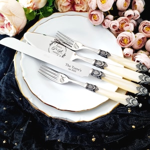 Personalized Wedding Cake Cutting Set Engraved Knife Server Forks Champagne Pearl Handle Antique Silver Effect