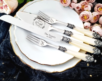 Cake Server Knife & Forks Cutting Set for Wedding Gift Antique Style Personalized with Champagne Pearl Handle Metal Rings Old Silver Effect