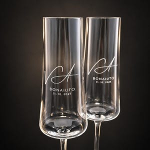 Personalized Pearl Engraved Monogram Crystal Champagne Flutes, Custom Wedding Toasting Set with Box