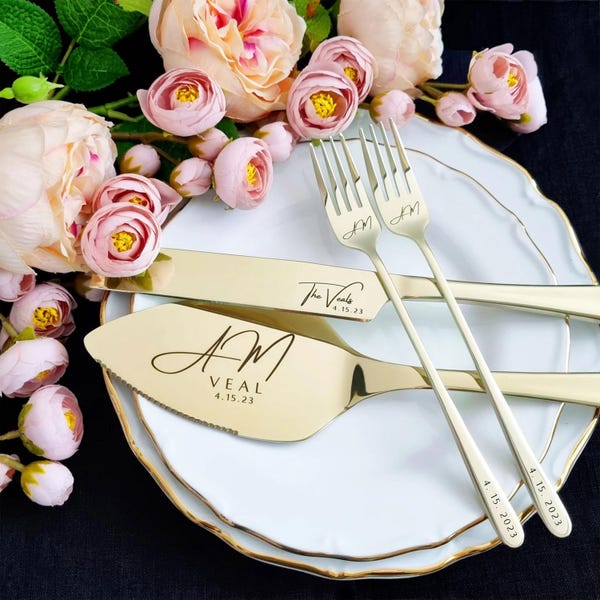 Wedding Champagne Cake Cutting Set Gift Server Knife and Forks, Engraved Cake Cutter Serving Set With Box for Bridal Shower
