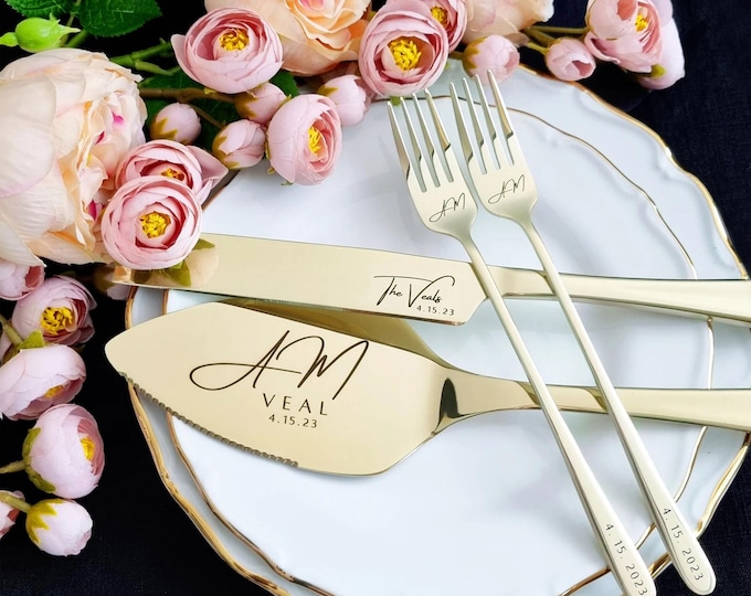 Wedding Champagne Cake Cutting Set Gift Server Knife and Forks, Engraved Cake Cutter Serving Set With Box for Bridal Shower