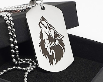 Mens Personalized Dog Tag Necklace with Engraved Wolf, Perfect Gift for your Men