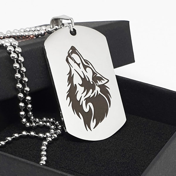 Mens Personalized Dog Tag Necklace with Engraved Wolf, Perfect Gift for your Men