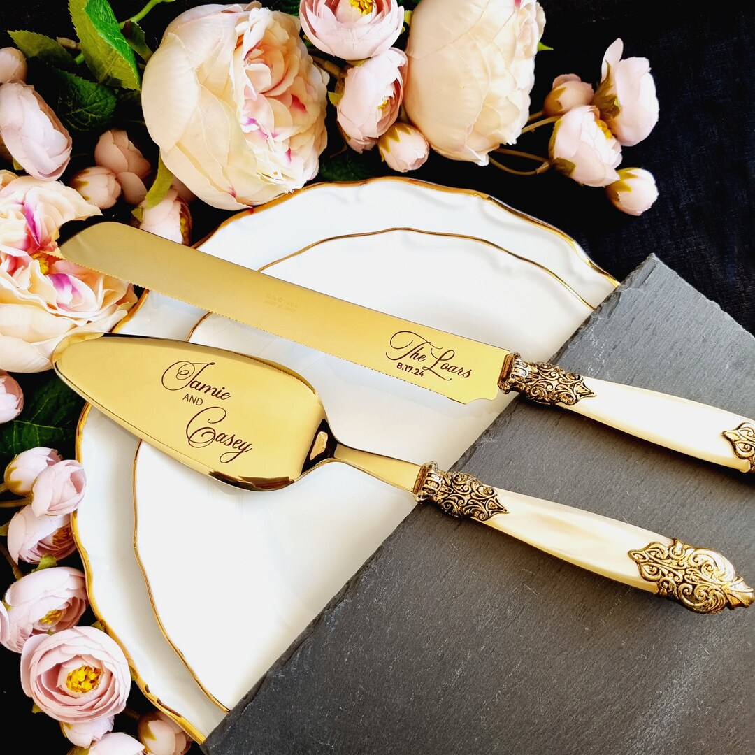 Gold Cake Server and Knife Cutter Cutting Set for Wedding Personalized