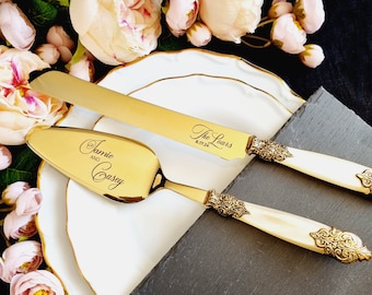 Gold Cake Server and Knife Cutter Cutting Set for Wedding Personalized with Champagne Pearl Handle and Gold Antique Style Rings